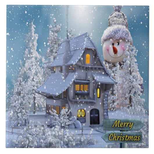 Christmas Party Winter White Snowman Blue Rustic Tegeltje (Voorkant)