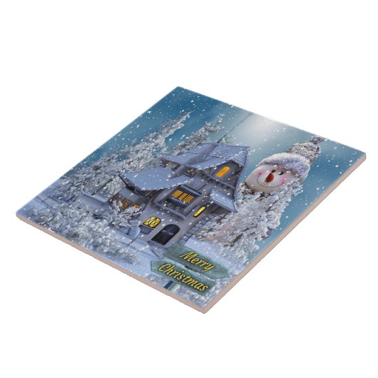 Christmas Party Winter White Snowman Blue Rustic Tegeltje (Zijkant)