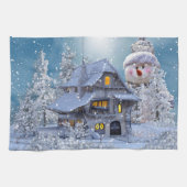 Christmas Party Winter White Snowman Blue Rustic Theedoek (Horizontaal)
