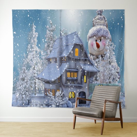 Christmas Party Winter White Snowman Blue Rustic Wandkleed (In Situ (horizontaal))