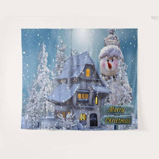Christmas Party Winter White Snowman Blue Rustic Wandkleed (Voorkant (horizontaal))