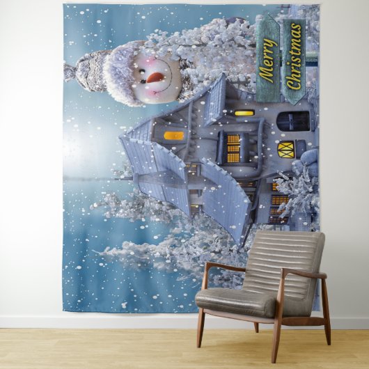 Christmas Party Winter White Snowman Blue Rustic Wandkleed (In situ)