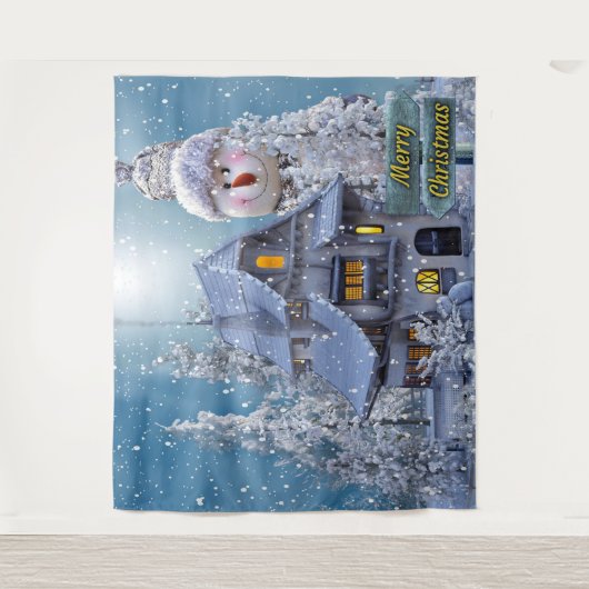 Christmas Party Winter White Snowman Blue Rustic Wandkleed (Voorkant)