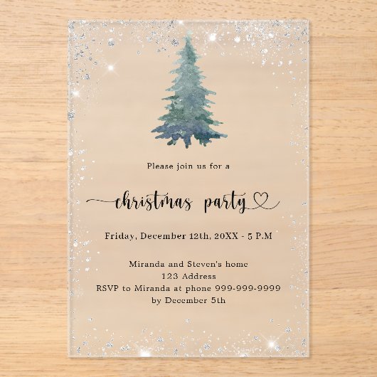 Christmas Party zilveren sneeuwboom bevroren Acryl Uitnodigingen (Voorkant)
