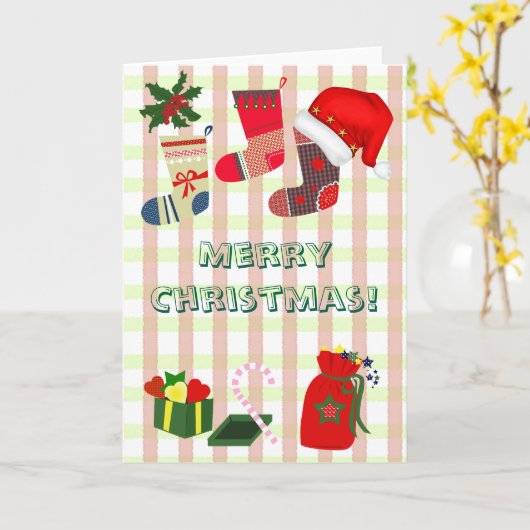 Christmas pastel plaid and cute holiday icons kaart (Gele Bloem)