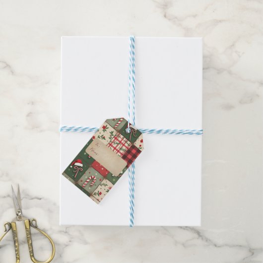 Christmas Patchwork Candy Cane Gift Label Cadeaulabel (Met Touw)