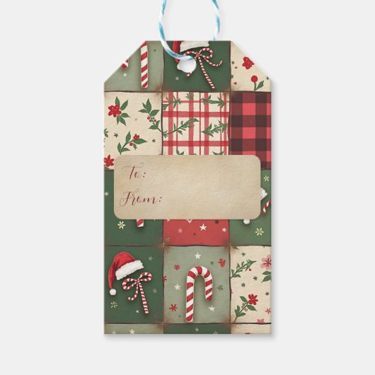 Christmas Patchwork Candy Cane Gift Label Cadeaulabel (Voorkant)