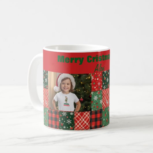 Christmas patchwork green red two photo coffee mug koffiemok (Voorkant links)