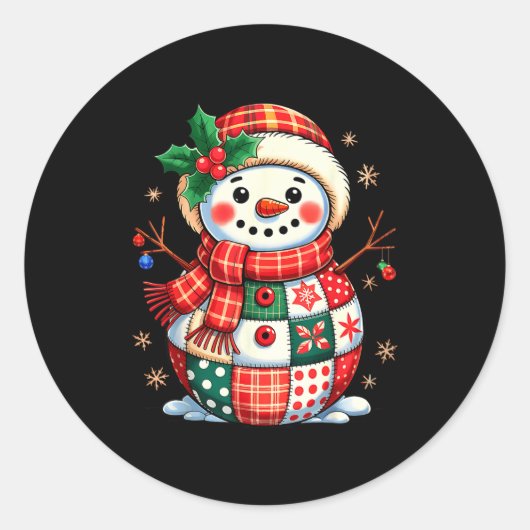 Christmas Patchwork Snowman - Quilted Holiday Aest Ronde Sticker (Voorkant)