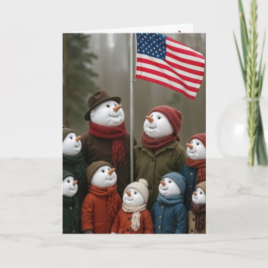 Christmas Patriotic Snow Family With American Flag Kaart (Voorkant)