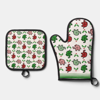 Christmas-Pattern Elephant Oven Mitt & Pot Holder Ovenwant & Pannenlap Set