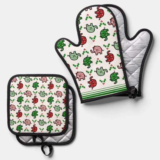 Christmas-Pattern Elephant Oven Mitt & Pot Holder Ovenwant & Pannenlap Set (Voorkant / Achterkant)
