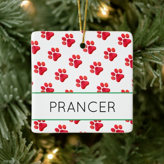 Christmas Paw Prints Red PET NAME Holiday Fun Keramisch Ornament (Boom)