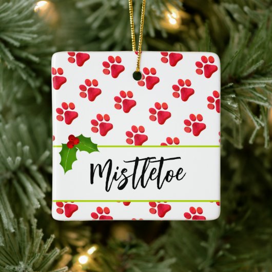 Christmas Paw Prints Red PET NAME Holiday Fun Keramisch Ornament (Boom)