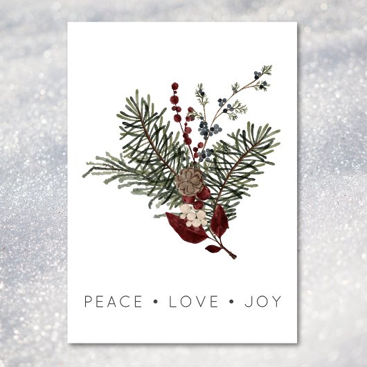 Christmas Peace Love Rustic Minimal Holly Pine Feestdagenkaart