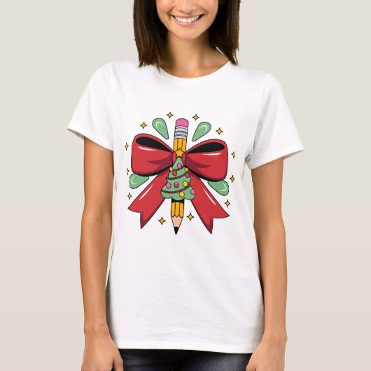 Christmas Pencil with Festive Bow and Tree Design T-shirt (Voorkant)