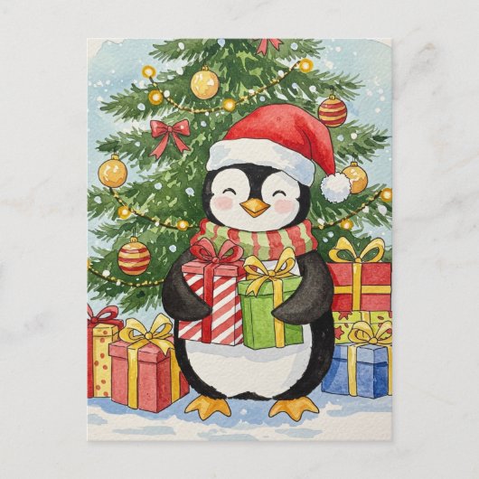 Christmas Penguin Postcard Watercolor Holiday Card Briefkaart (Voorkant)