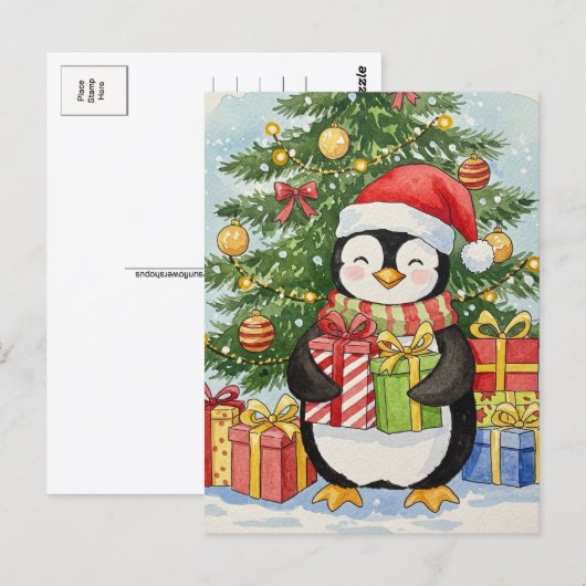 Christmas Penguin Postcard Watercolor Holiday Card Briefkaart (Voorkant / Achterkant)