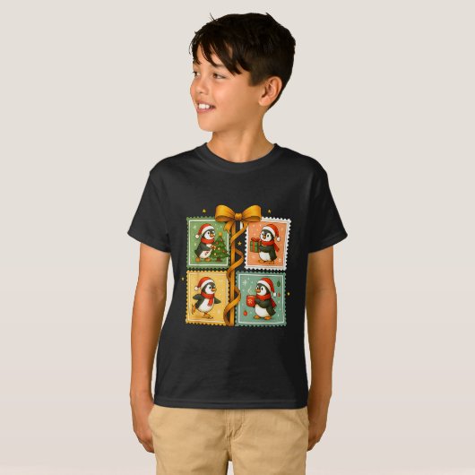 Christmas Penguin Stamp Collage  T-shirt (Voorkant volledig)