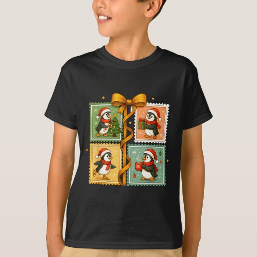 Christmas Penguin Stamp Collage T-shirt (Voorkant)