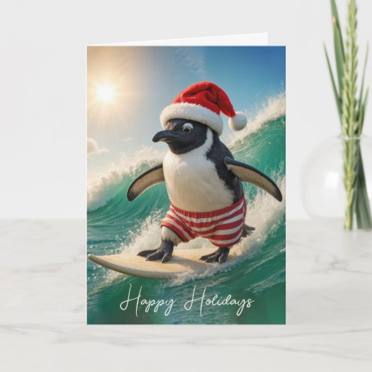 Christmas Penguin Surfing On a Wave Feestdagen Kaart (Voorkant)