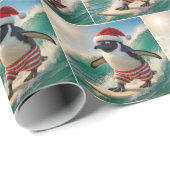 Christmas Penguin Surfing On an Ocean Wave Cadeaupapier (Rol Hoek)