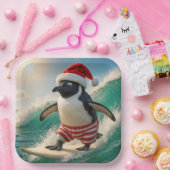 Christmas Penguin Surfing On an Ocean Wave Papieren Bordje (Feest)