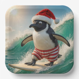 Christmas Penguin Surfing On an Ocean Wave Papieren Bordje