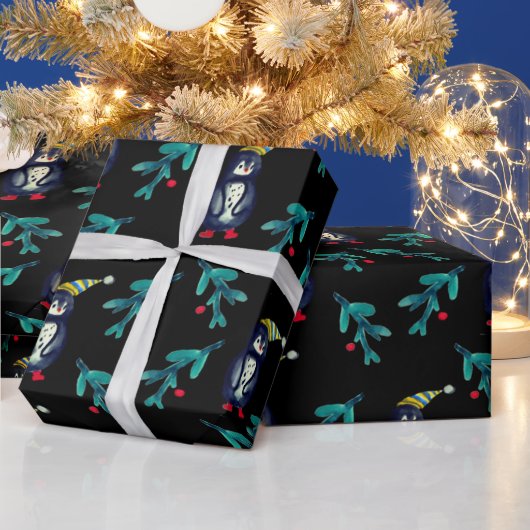 Christmas Penguin Waterverf Art Wrapping Paper Cadeaupapier (Feestdagen)