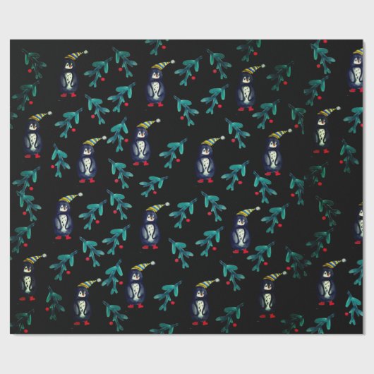 Christmas Penguin Waterverf Art Wrapping Paper Cadeaupapier (Vlak)