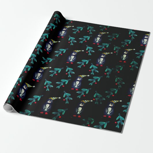 Christmas Penguin Waterverf Art Wrapping Paper Cadeaupapier (Uitgerold)