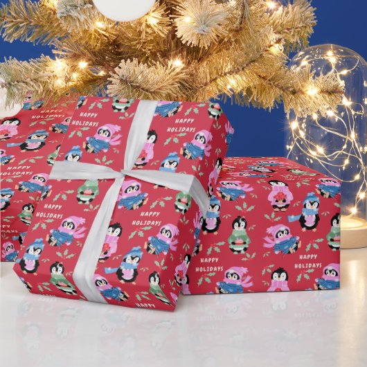 Christmas Penguins Crew Red Holiday Wrapping Paper Cadeaupapier (Feestdagen)