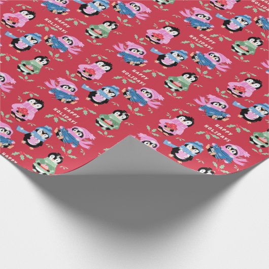 Christmas Penguins Crew Red Holiday Wrapping Paper Cadeaupapier (Hoek)