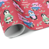 Christmas Penguins Crew Red Holiday Wrapping Paper Cadeaupapier (Rol Hoek)