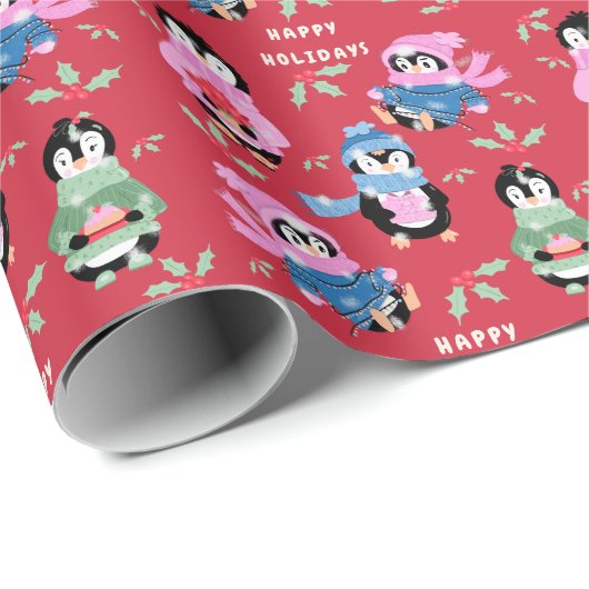 Christmas Penguins Crew Red Holiday Wrapping Paper Cadeaupapier (Rol Hoek)