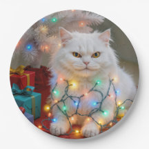 Christmas Persian Cat Tangled in Holiday Lights