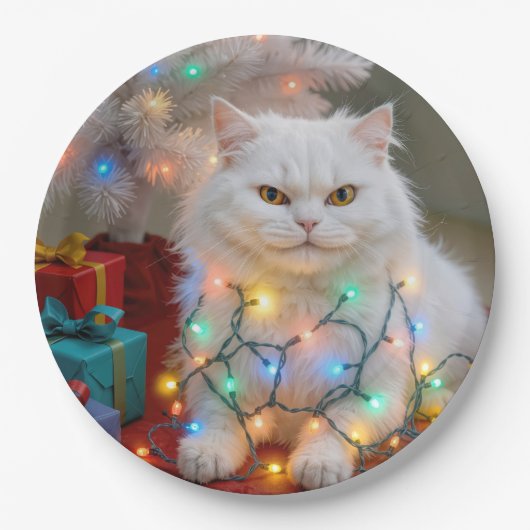 Christmas Persian Cat Tangled in Holiday Lights Papieren Bordje (Voorkant)