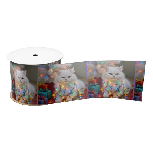Christmas Persian Cat Tangled in Holiday Lights Satijnen Lint (Spoel)