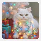 Christmas Persian Cat Tangled in Holiday Lights Vierkante Sticker (Voorkant)