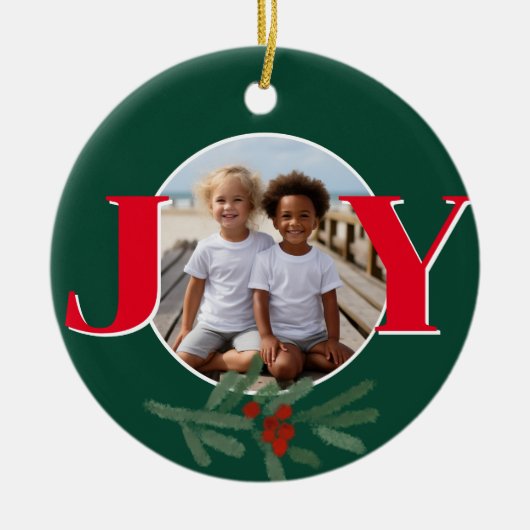 Christmas personalize JOY Holly photo template Keramisch Ornament (Voorkant)