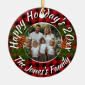 Christmas personalized photo red plaid pinecones keramisch ornament (Voorkant)