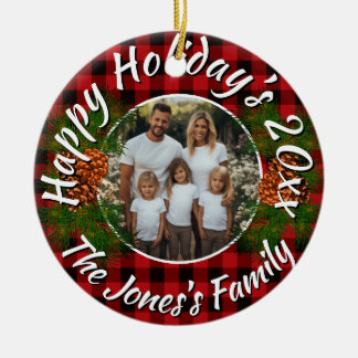 Christmas personalized photo red plaid pinecones keramisch ornament