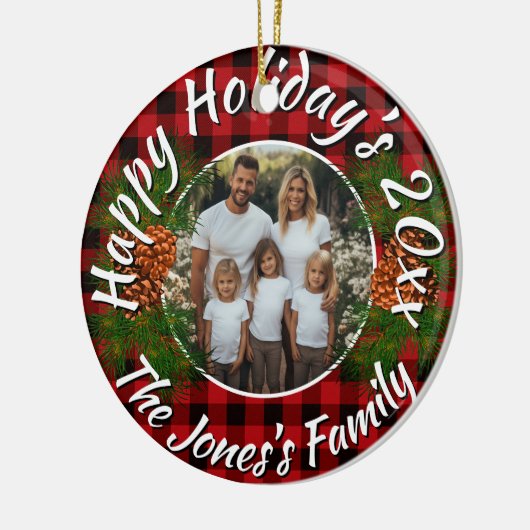Christmas personalized photo red plaid pinecones keramisch ornament (Links)