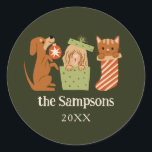 Christmas Pets Green Ronde Sticker<br><div class="desc">Schattigee en feestelijke kerstfavoriet sticker met handgetekende illustratie van katten en honden in het thema vakantie. De achtergrond is groen.</div>