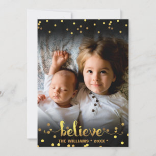 Christmas Photo BELIEVE Faux Gold Foil Confetti Feestdagenkaart