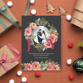 Christmas Photo Black Joy Floral Wreath Botanical Feestdagenkaart