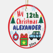 Christmas PHOTO Blue Car Boy Age Name Keramisch Ornament (Links)