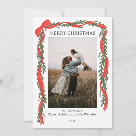 Christmas Photo Card - Classic Red Bow & Greenery Feestdagenkaart (Voorkant)