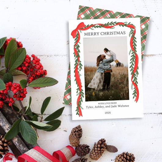 Christmas Photo Card - Classic Red Bow & Greenery Feestdagenkaart