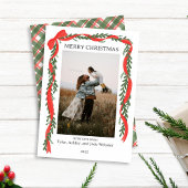 Christmas Photo Card - Classic Red Bow & Greenery Feestdagenkaart